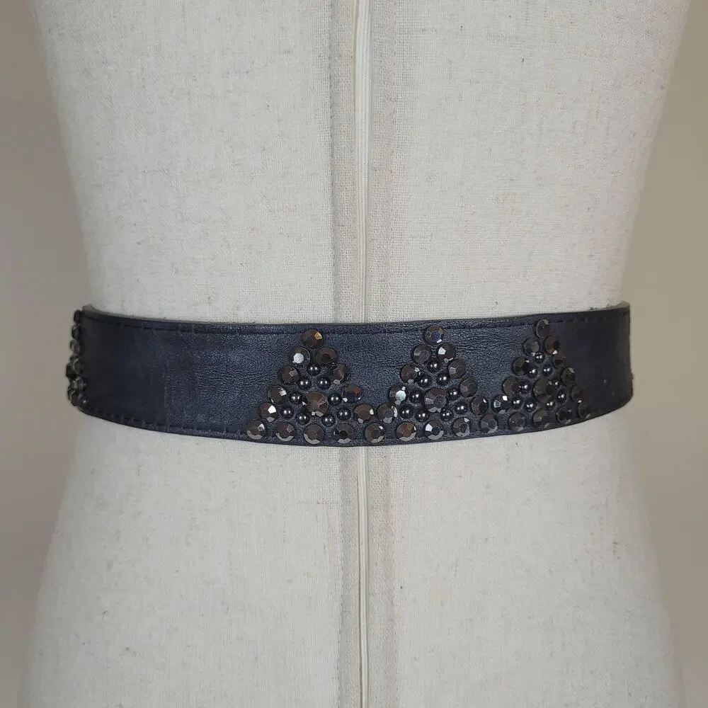 Black Leather Belt Med Western Cowgirl Rhinestone Buckle Studs Boho Rodeo Bling